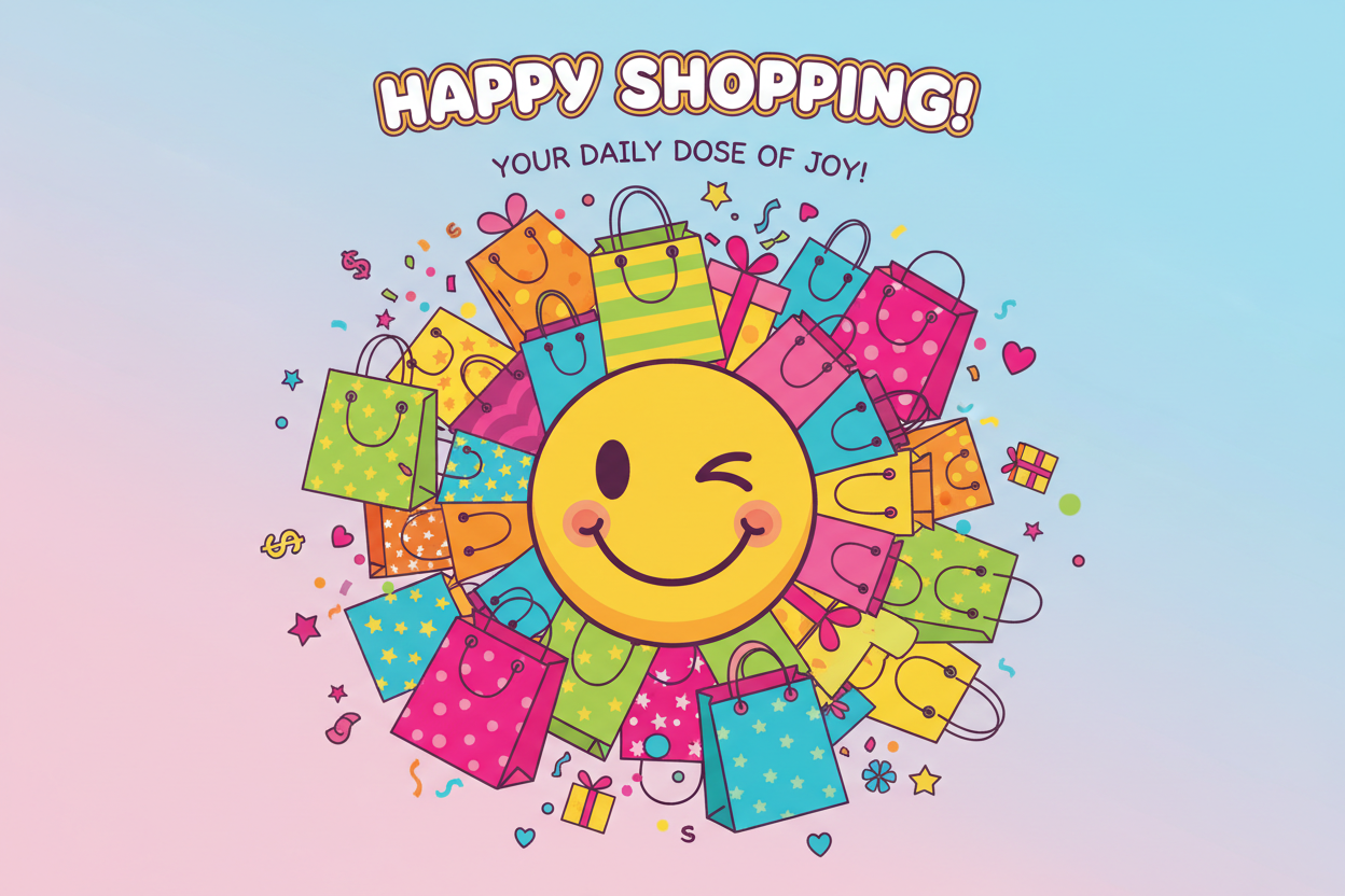 Cartoon smiley face with shopping bags
